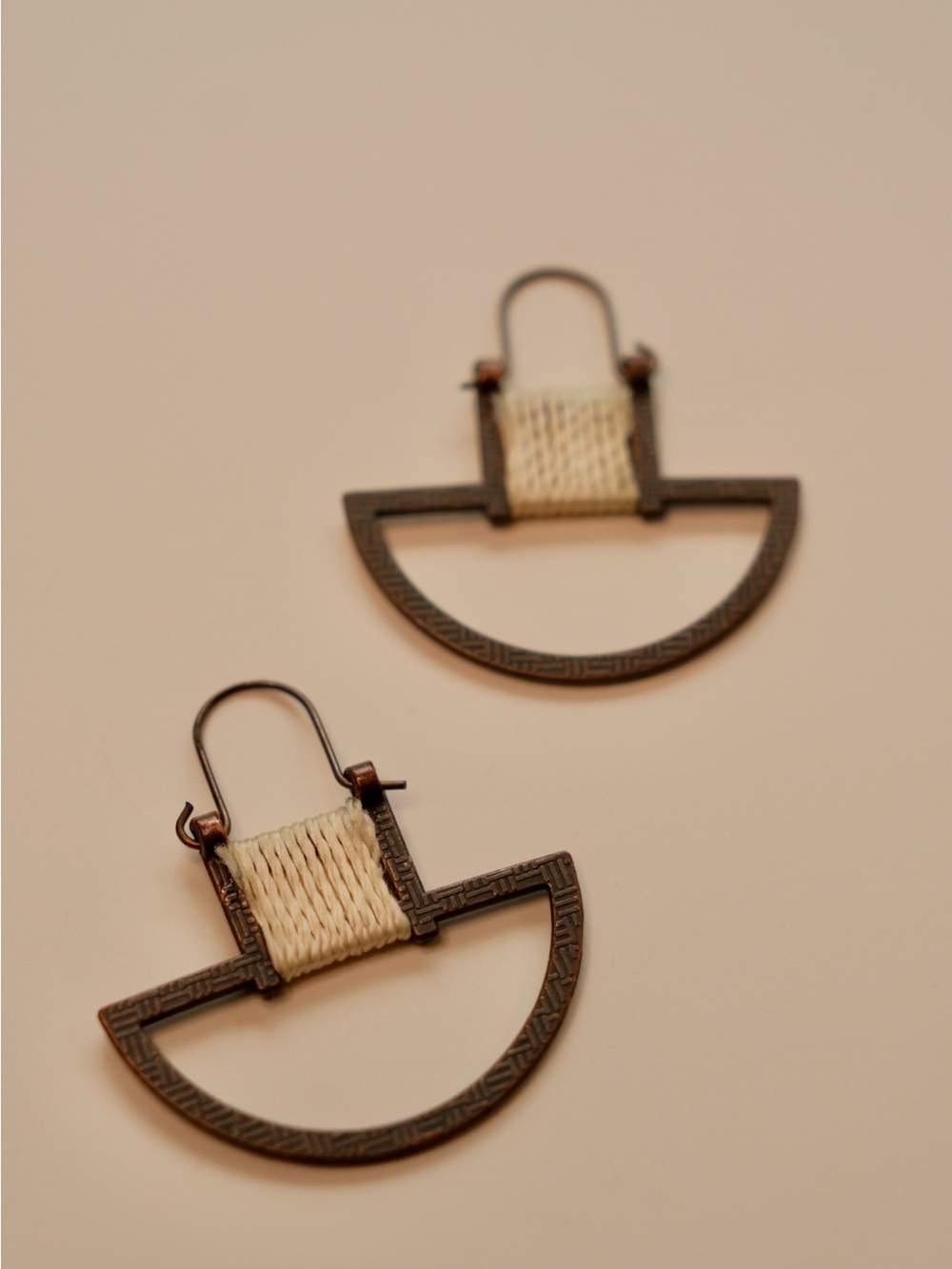 Boho Half Moon Geometric Earrings Antique Copper Thread Wrapped Statement Drops
